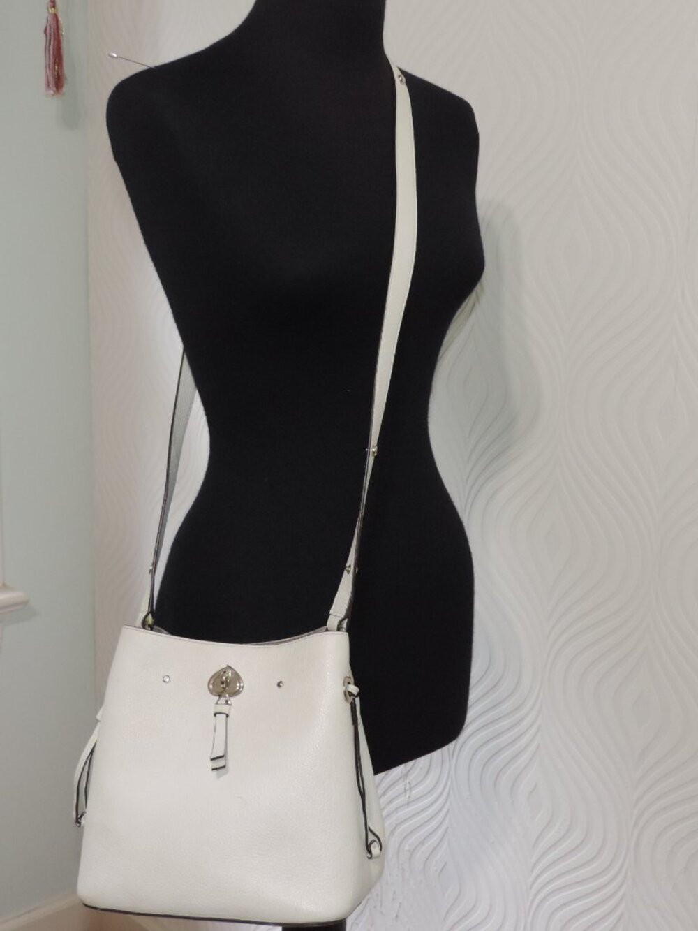 KATE SPADE New York Dove White Leather Small Marti Bucket Bag 2 Way